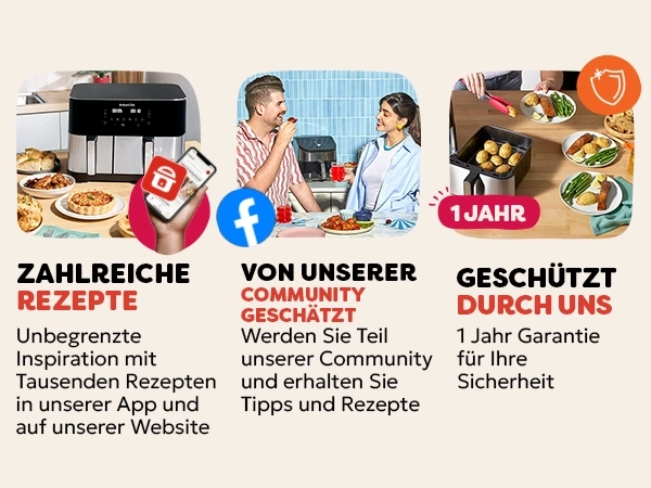 Produkt-Features für eine Heißluftfritteuse mit Rezepten, Community und Garantie.