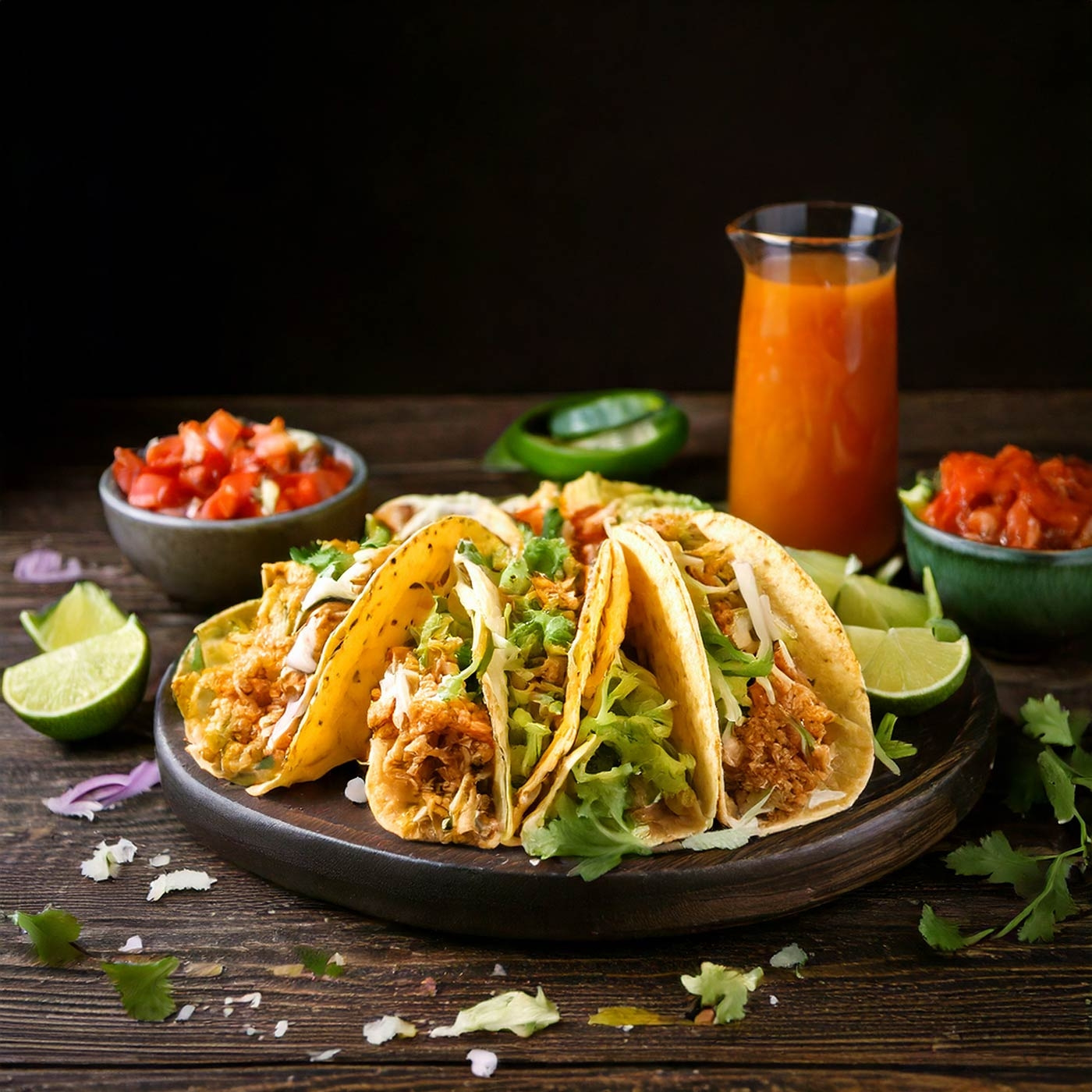 Tacos mit Beilagen und Getränk auf einem Holztisch, Nahaufnahme