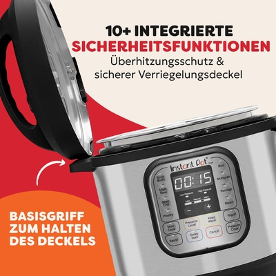 Instant Pot mit Sicherheitsfunktionen und Deckelgriff.