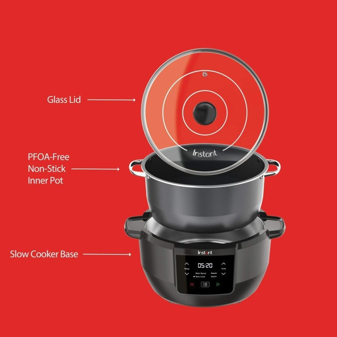 Instant Pot mit Glasdeckel, PFOA-freiem Topf und Slow Cooker Basis.