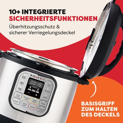 Instant Pot mit Sicherheitsfunktionen und Verriegelungsdeckel.