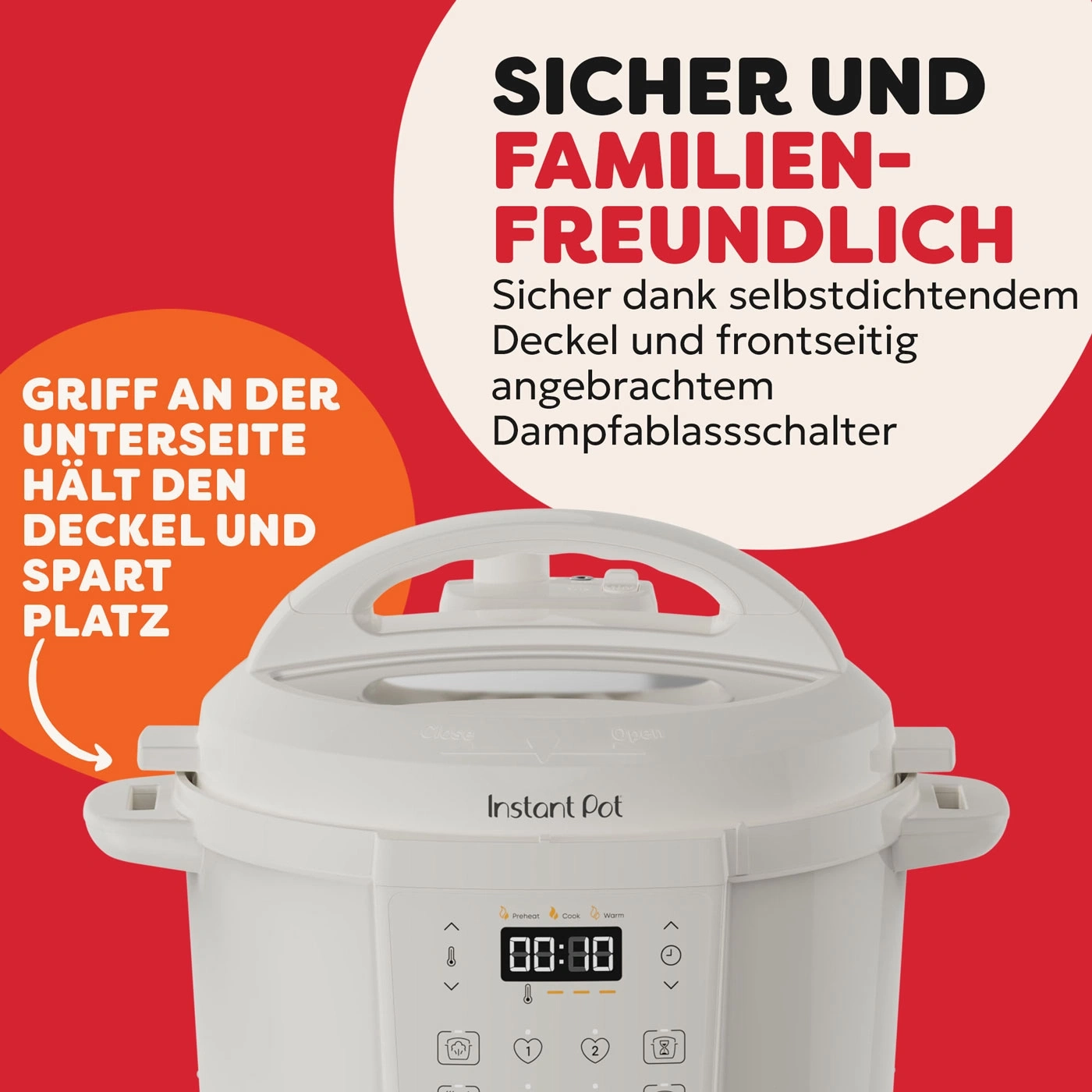 Ein Instant Pot mit Griffen und Bedienfeld, umgeben von Text.