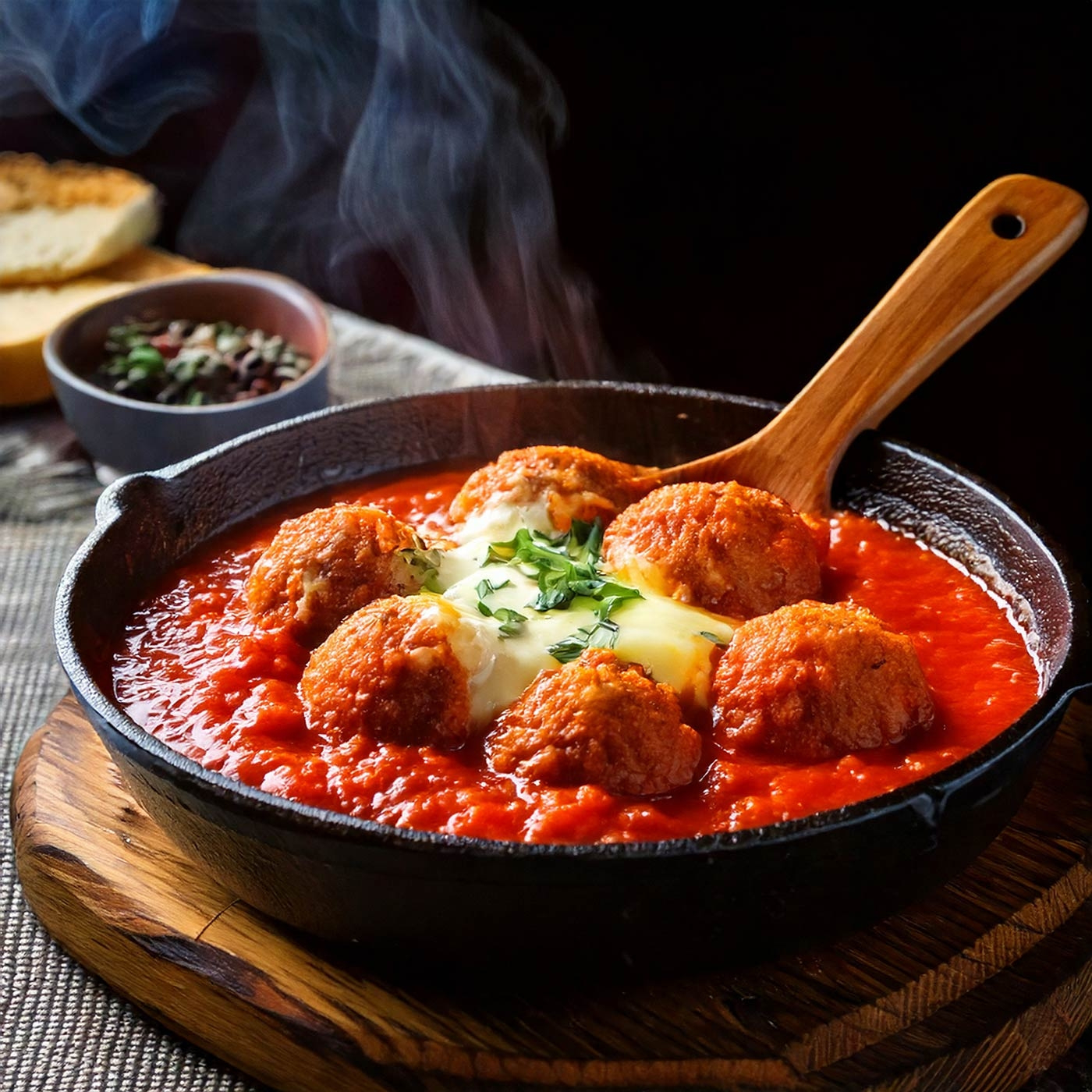 Fleischbällchen in Tomatensauce mit Käse und Kräutern in einer Pfanne mit Löffel