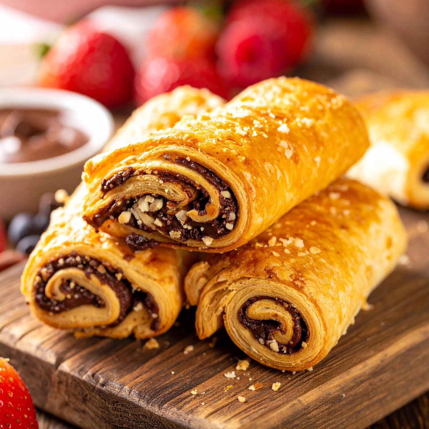 Nahaufnahme von Gebäckrollen mit Schokoladenfüllung auf einem Holzbrett mit Erdbeeren.