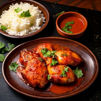 Hühnchen mit Reis und Soße, serviert auf einem Teller, lecker