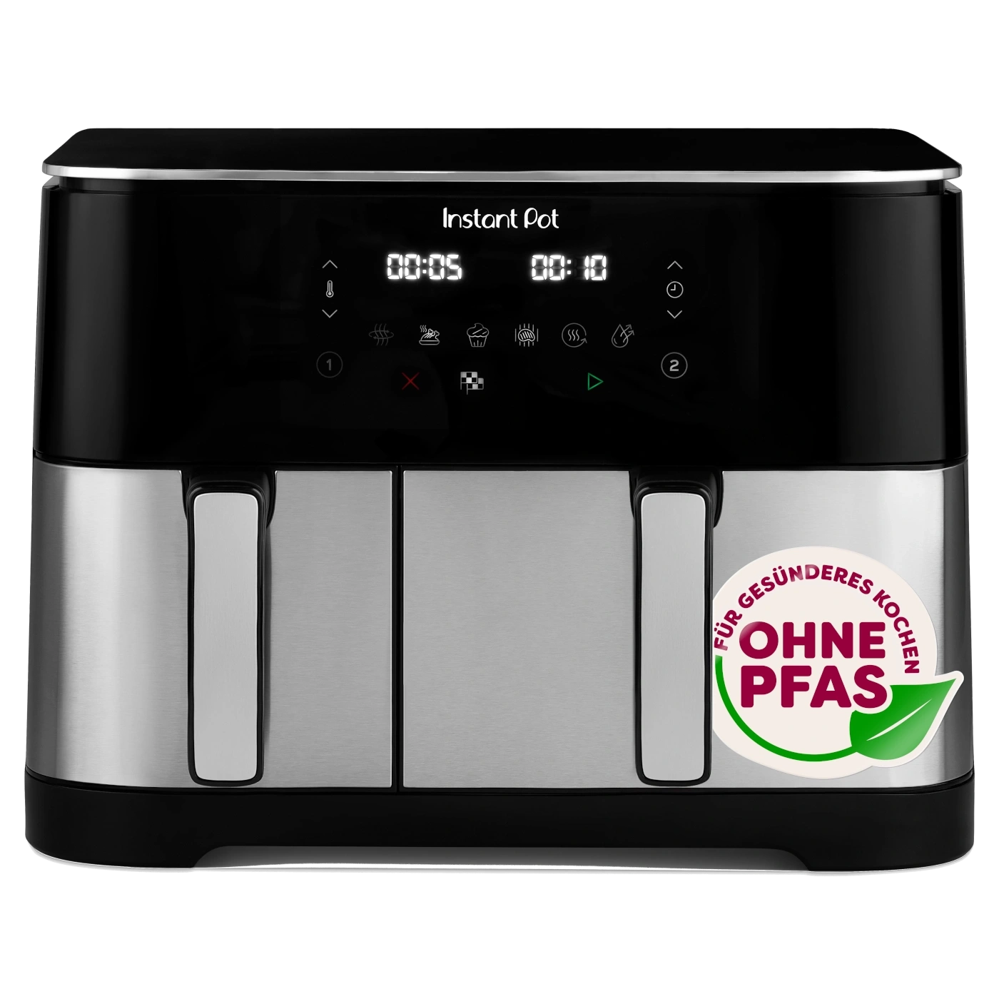 Instant Pot Heißluftfritteuse mit zwei Kammern und "Ohne PFAS" Aufkleber