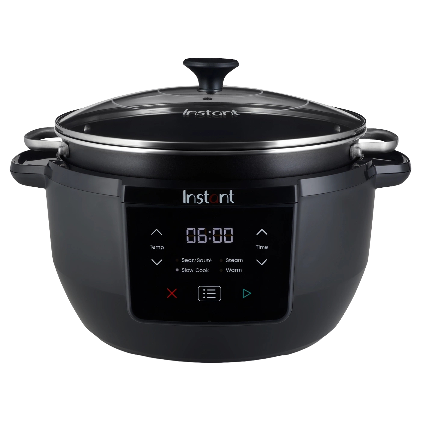 Ein schwarzer Instant Pot mit Glasdeckel und digitaler Anzeige.