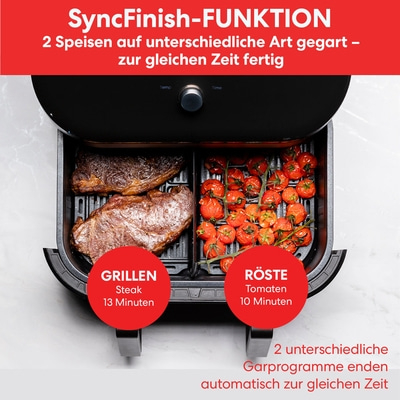 Airfryer mit zwei Fächern, Steak und Tomaten, Grillen und Rösten, SyncFinish-Funktion