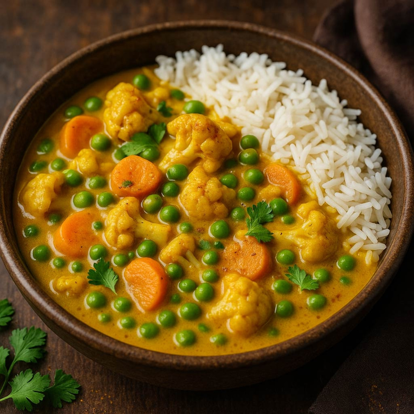 Indisches Gericht mit Reis, Blumenkohl, Erbsen und Karotten in einer Schüssel