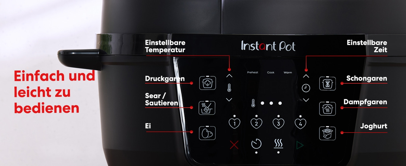 Instant Pot mit einstellbarer Temperatur und Zeit, sowie verschiedenen Kochfunktionen.