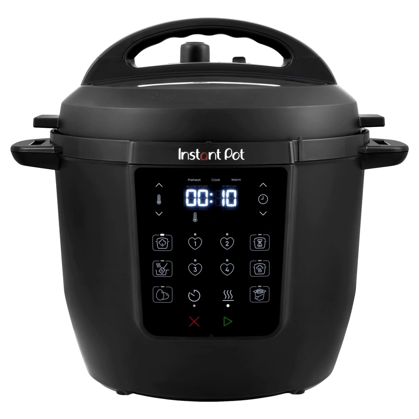 Schwarzer Instant Pot mit digitalem Display und Kochsymbolen