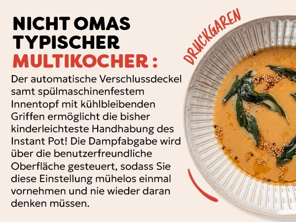 Multikocher mit Druckgaren, automatischem Verschlussdeckel und benutzerfreundlicher Oberfläche.