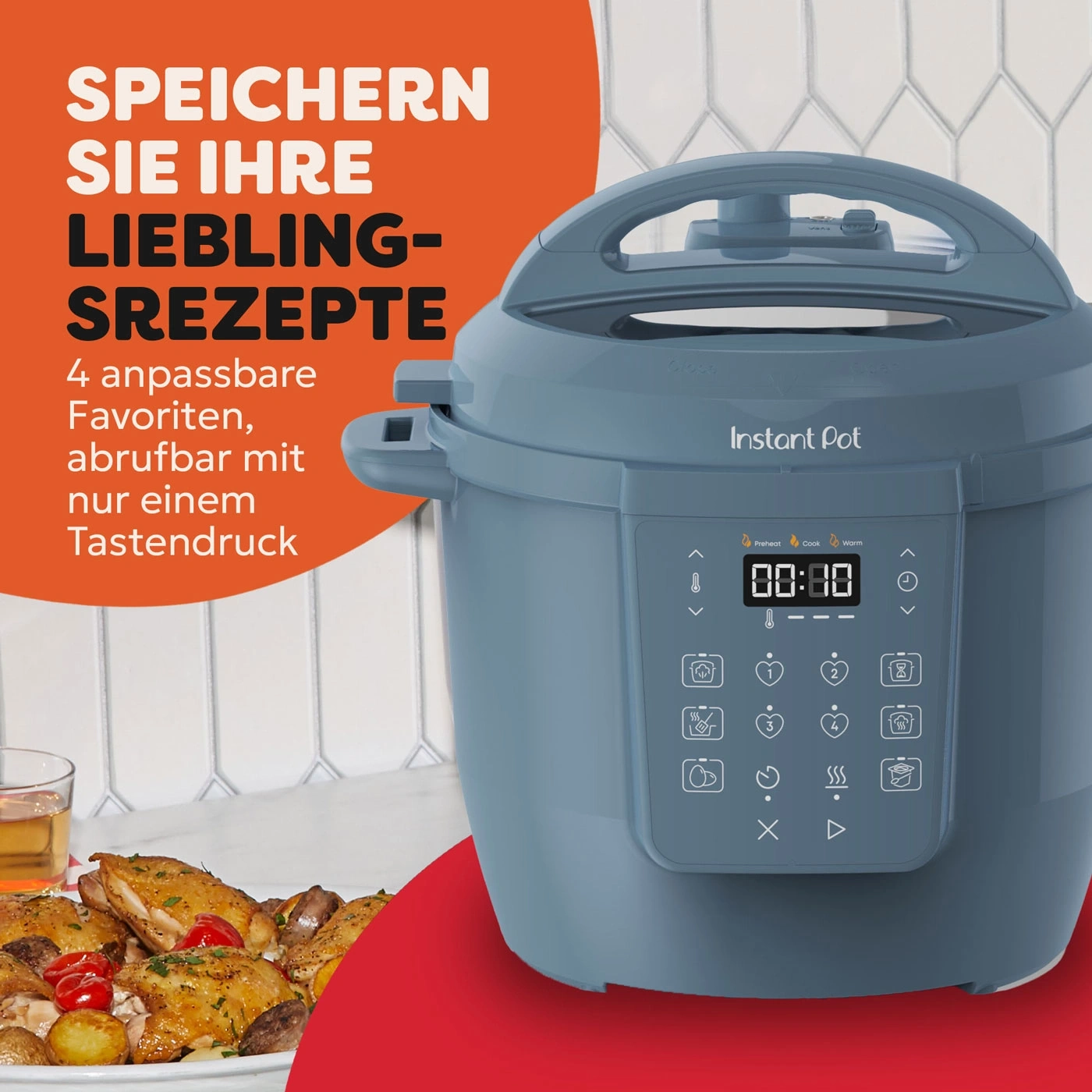 Ein blauer Instant Pot mit Kochprogrammen und Hähnchengerichten.