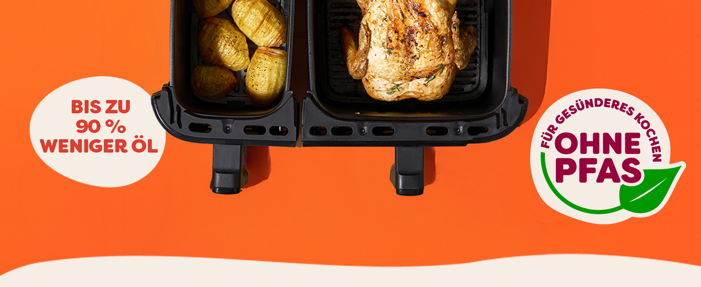 Heißluftfritteuse mit Huhn und Kartoffeln, 90% weniger Öl, ohne PFAS