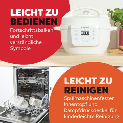 Instant Pot mit leicht verständlichen Symbolen und spülmaschinenfesten Teilen.