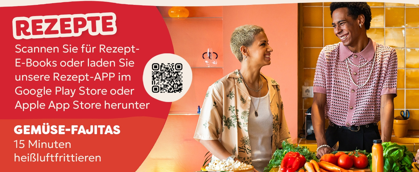 Werbung für Rezepte: Scannen, E-Books, App, Gemüse-Fajitas, 15 Minuten, Heißluftfrittieren, QR-Code
