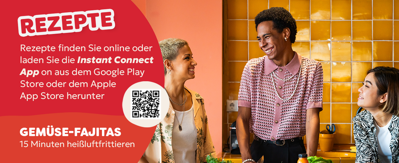 Rezept für Gemüse-Fajitas in 15 Minuten zubereitet, mit Download-Hinweis für die Instant Connect App.