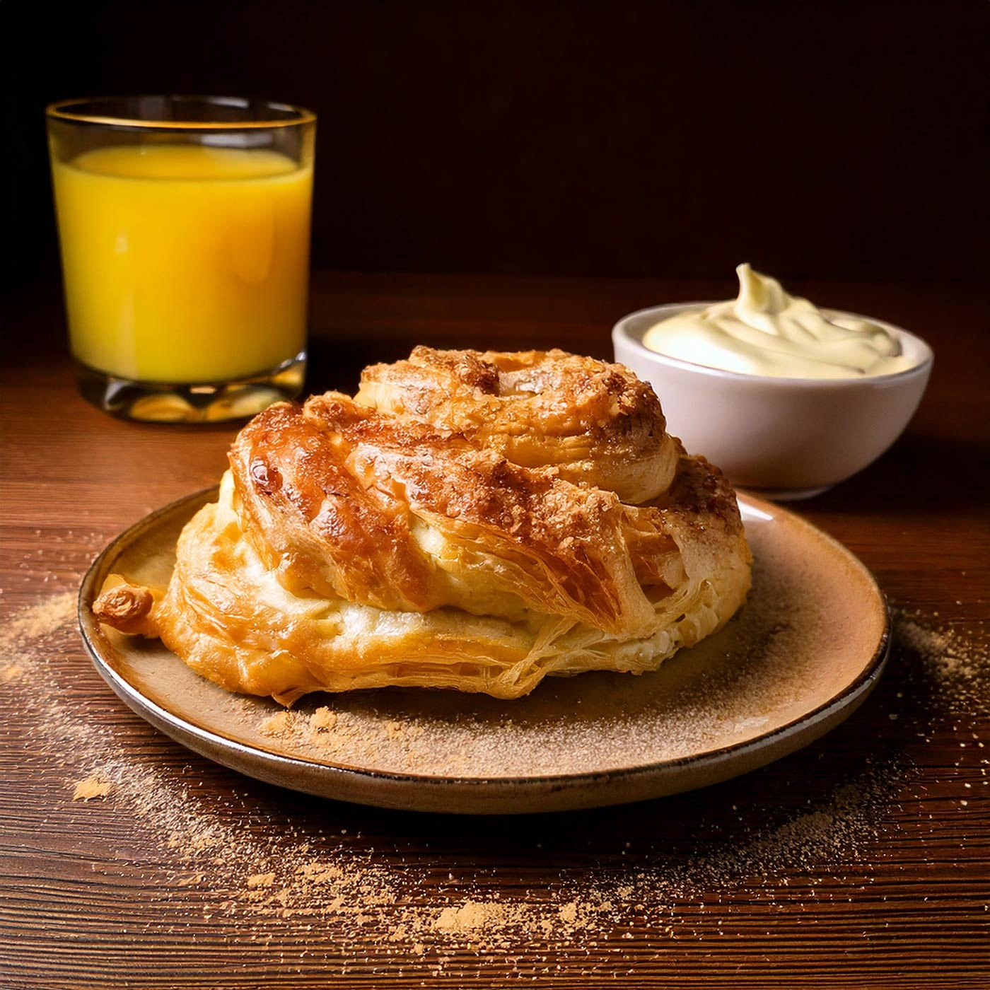 Frühstück mit Gebäck, Saft und Creme auf einem Holztisch