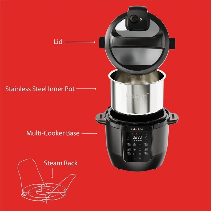 Instant Pot mit Deckel, Innentopf, Basis und Dampfgestell. Kochutensilien für die Küche.