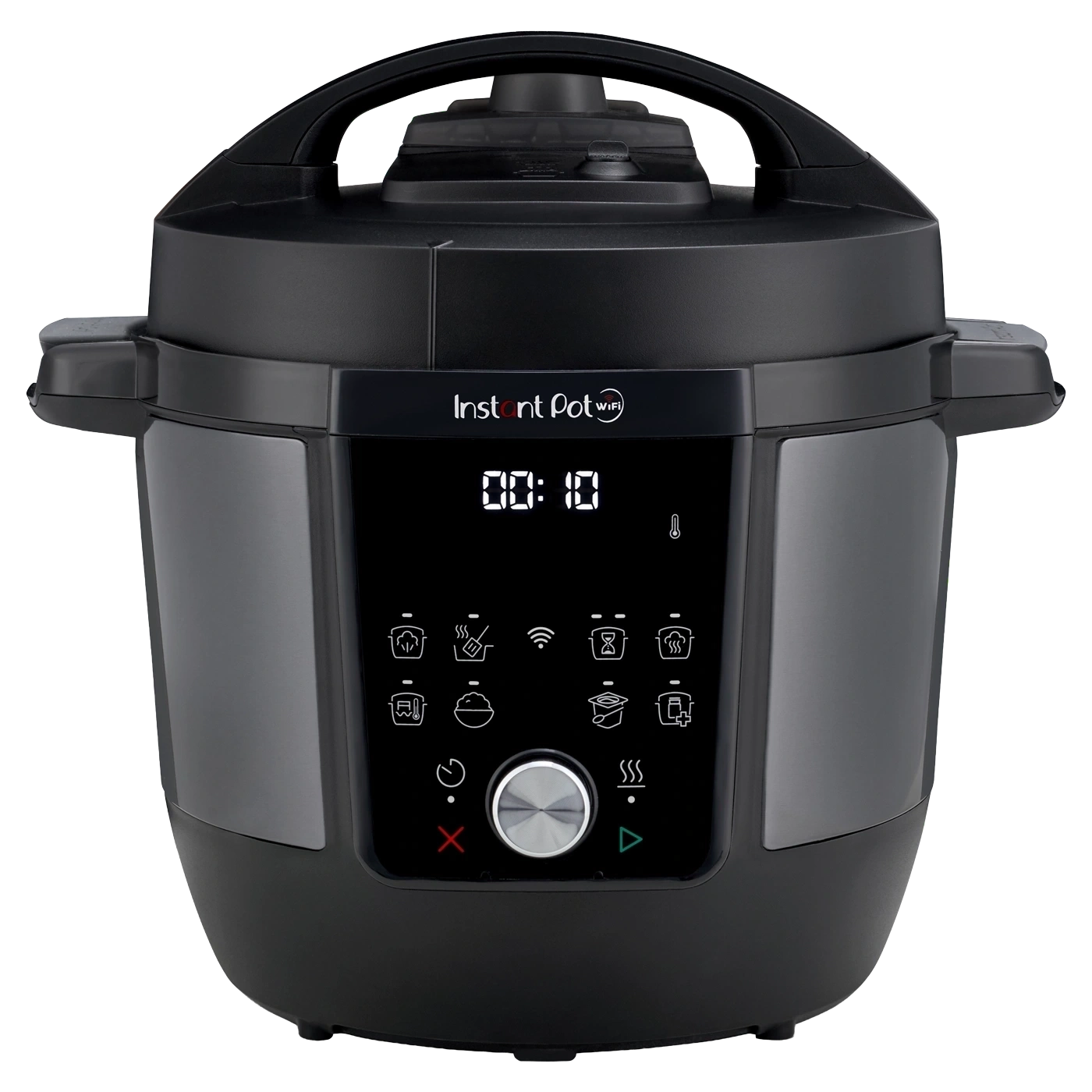 Ein schwarzer Instant Pot mit digitaler Anzeige und Kochsymbolen.