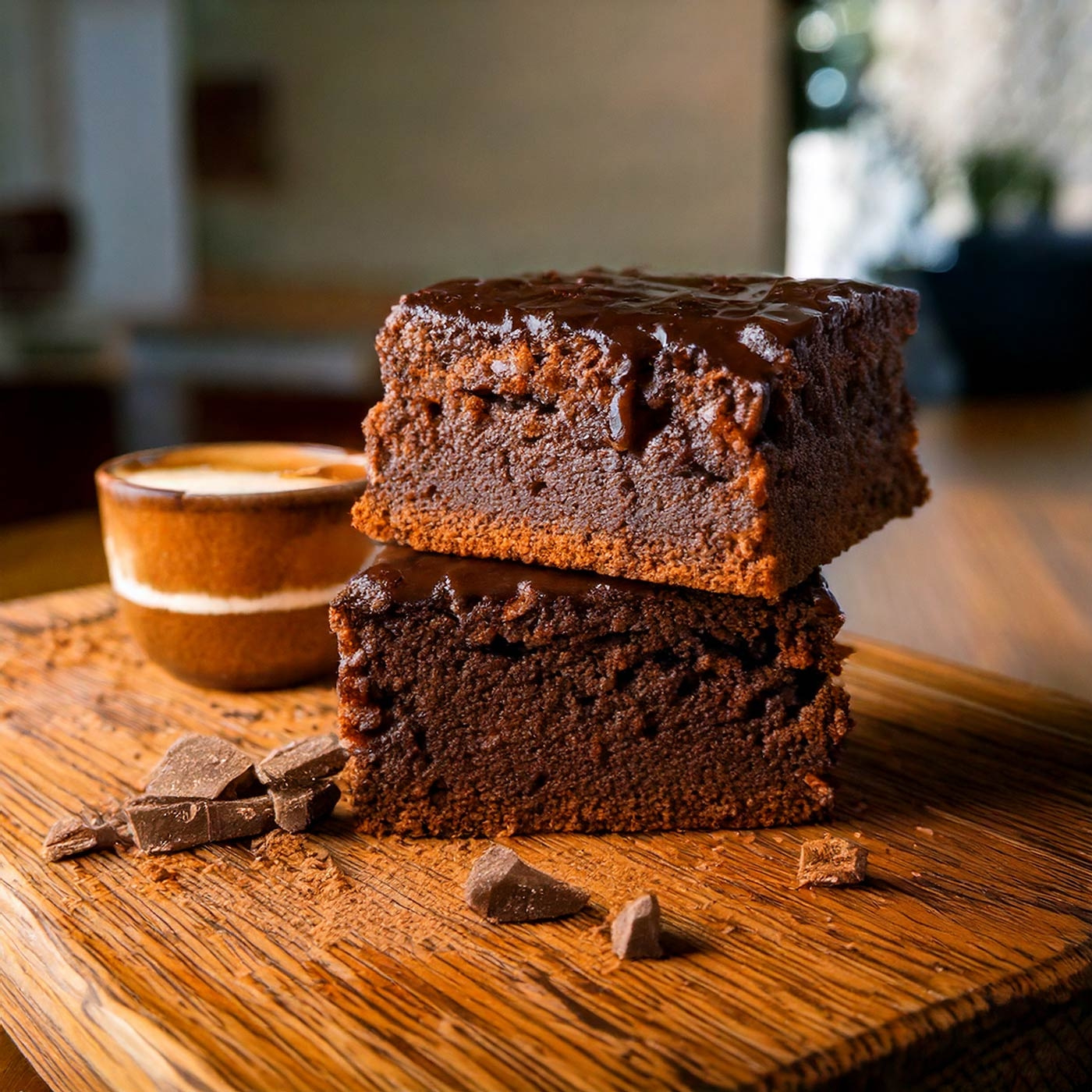 Zwei Brownie-Stücke mit Schokoladenglasur auf Holzbrett mit Schokolade und Kaffeebecher