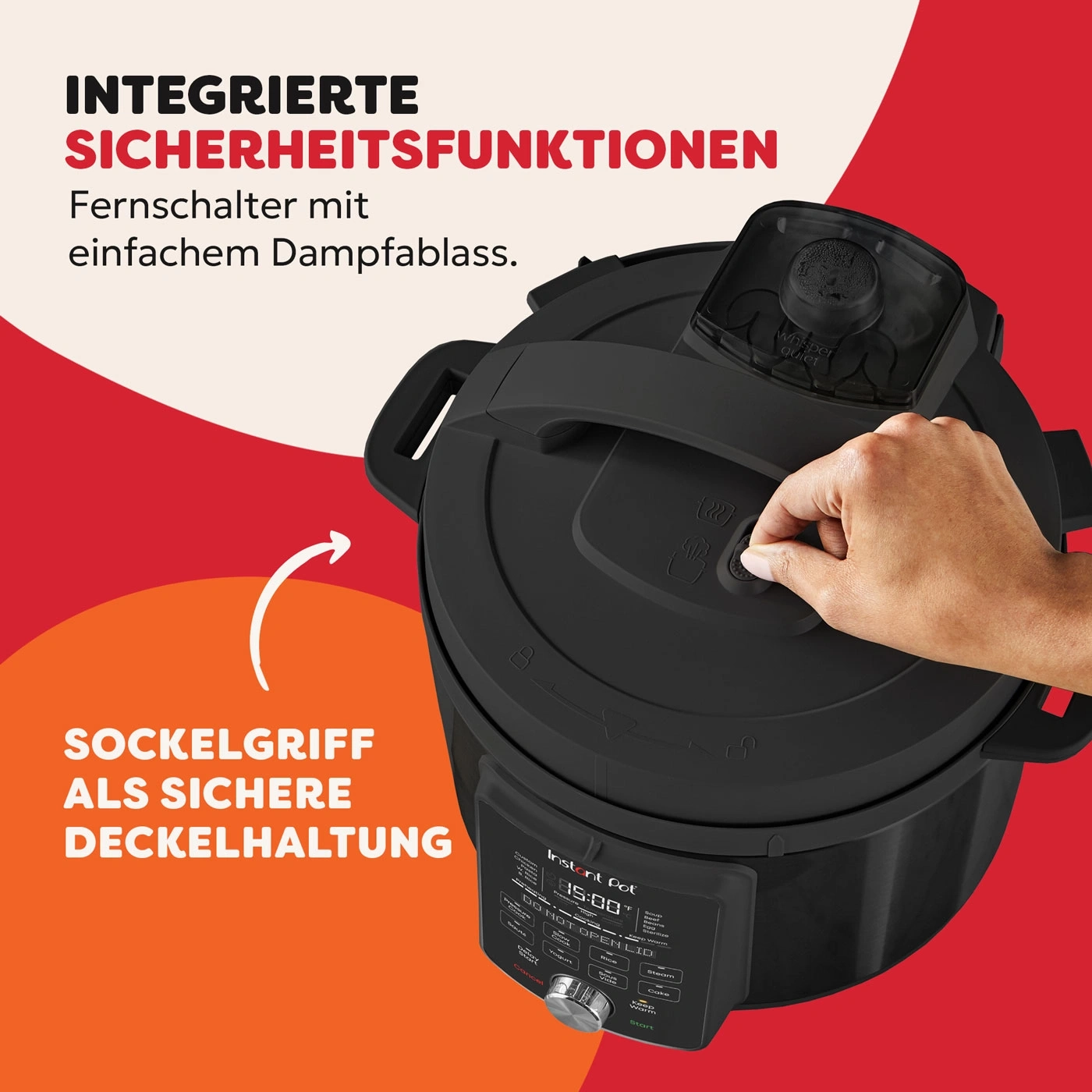 Instant Pot mit Sicherheitsfunktionen, Fernschalter und Deckelhaltung.