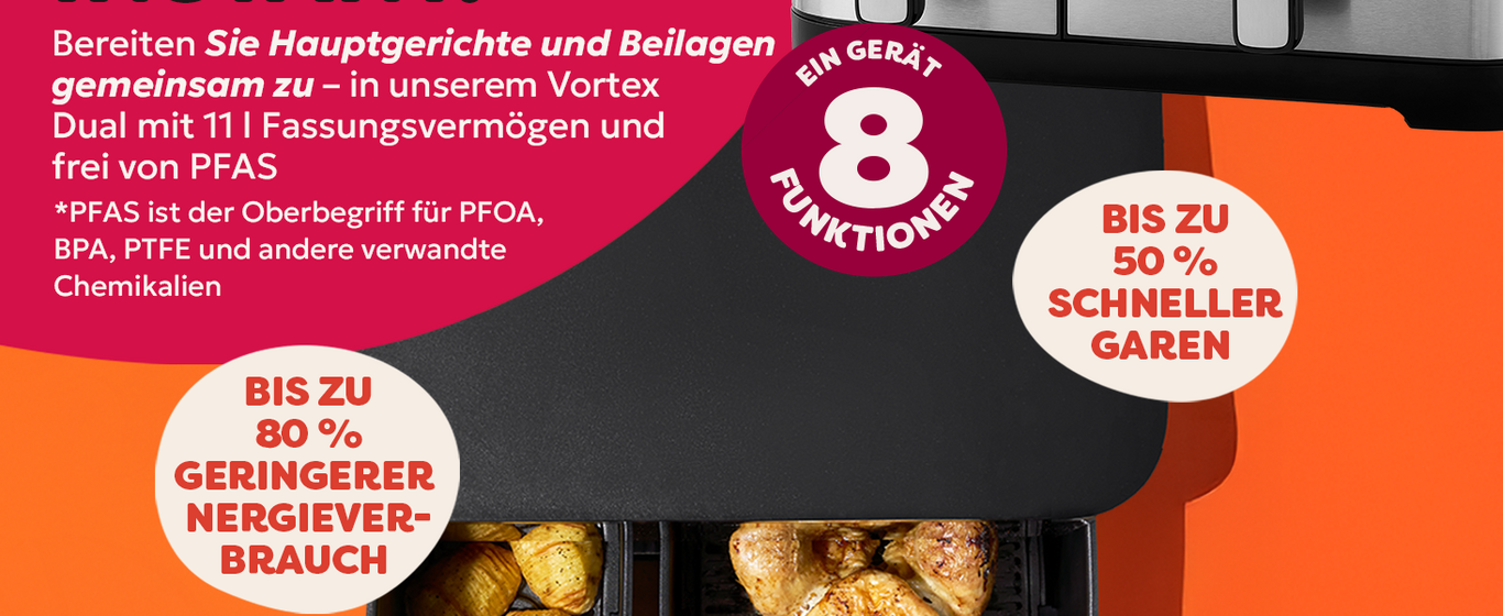 Gerät mit 8 Funktionen, bis zu 50% schneller garen, 80% geringerer Energieverbrauch und frei von PFAS.