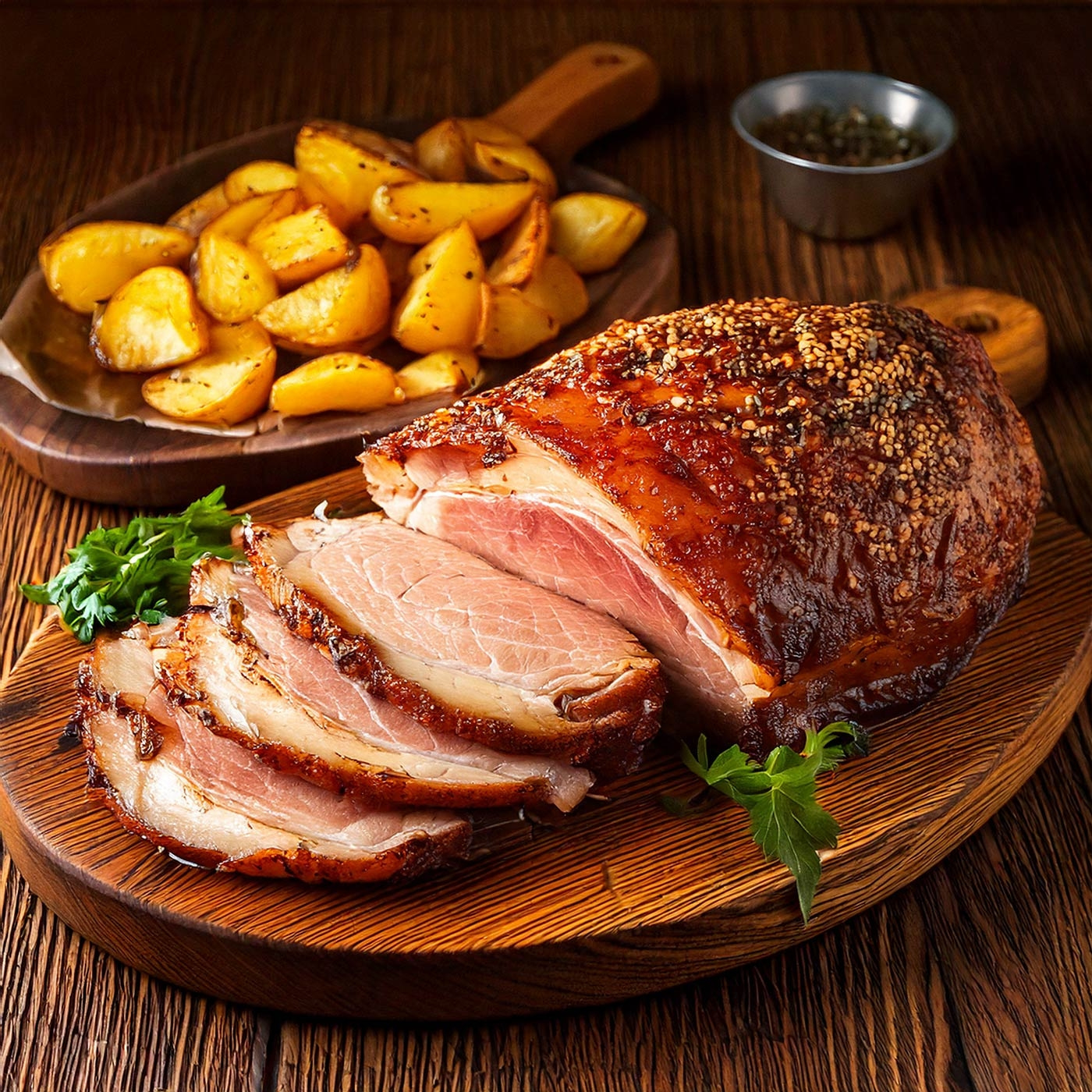 Gebratenes Fleisch mit Kartoffeln und Kräutern auf einem Holzbrett