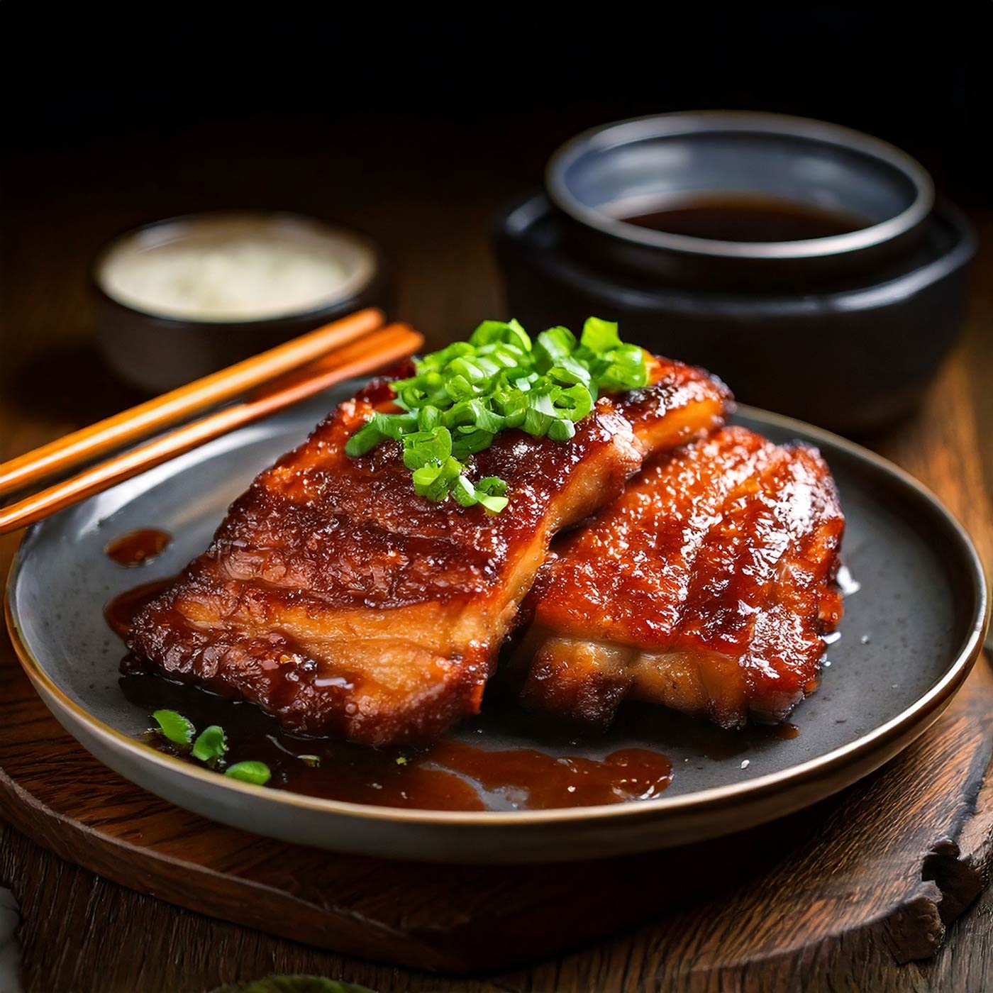 Gebratenes Fleischgericht mit Soße und Frühlingszwiebeln auf einem Teller