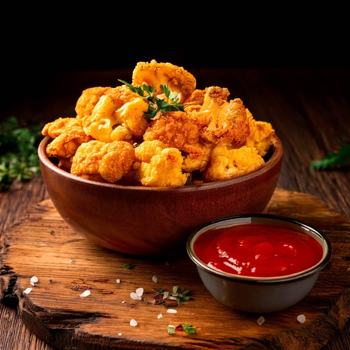 Gebratener Blumenkohl mit Ketchup in einer Schüssel auf einem Holzbrett