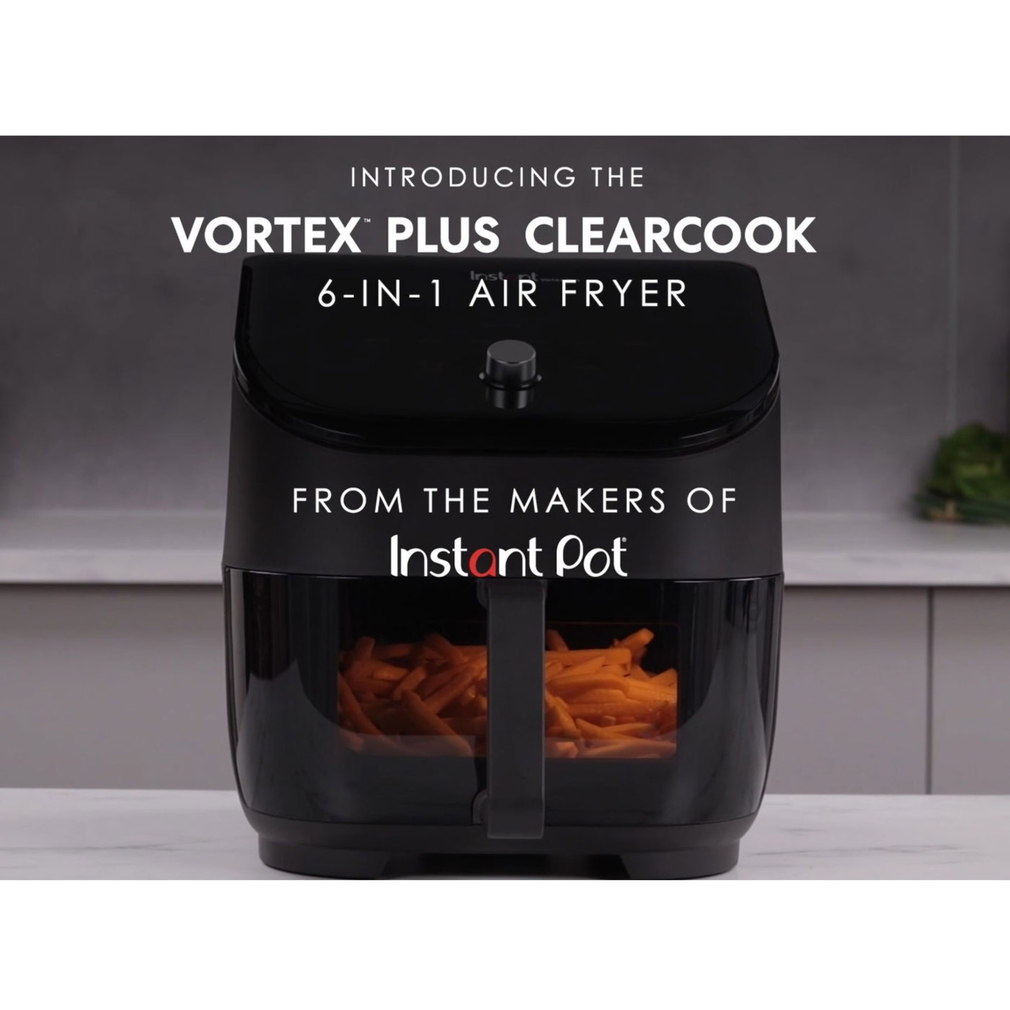Luftfritteuse, Vortex Plus ClearCook, 6-in-1, Instant Pot, Produktwerbung, schwarz