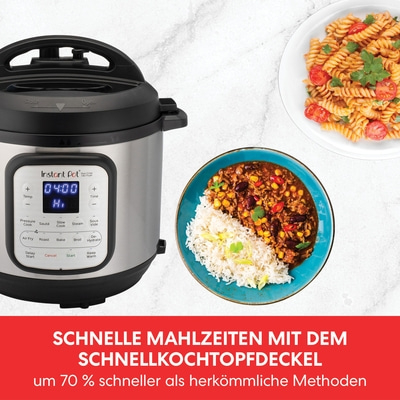 Instant Pot mit Essen, Text: Schnelle Mahlzeiten, 70% schneller.
