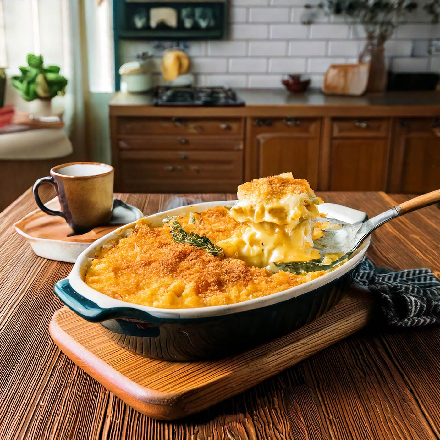 Käse-Nudelauflauf mit Kaffeetasse auf einem Holztisch in der Küche