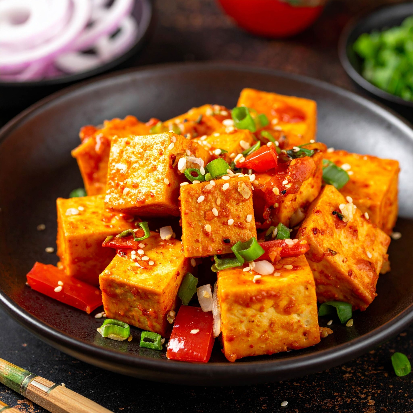 Gebratener Tofu mit Gemüse und Sesam auf einem schwarzen Teller