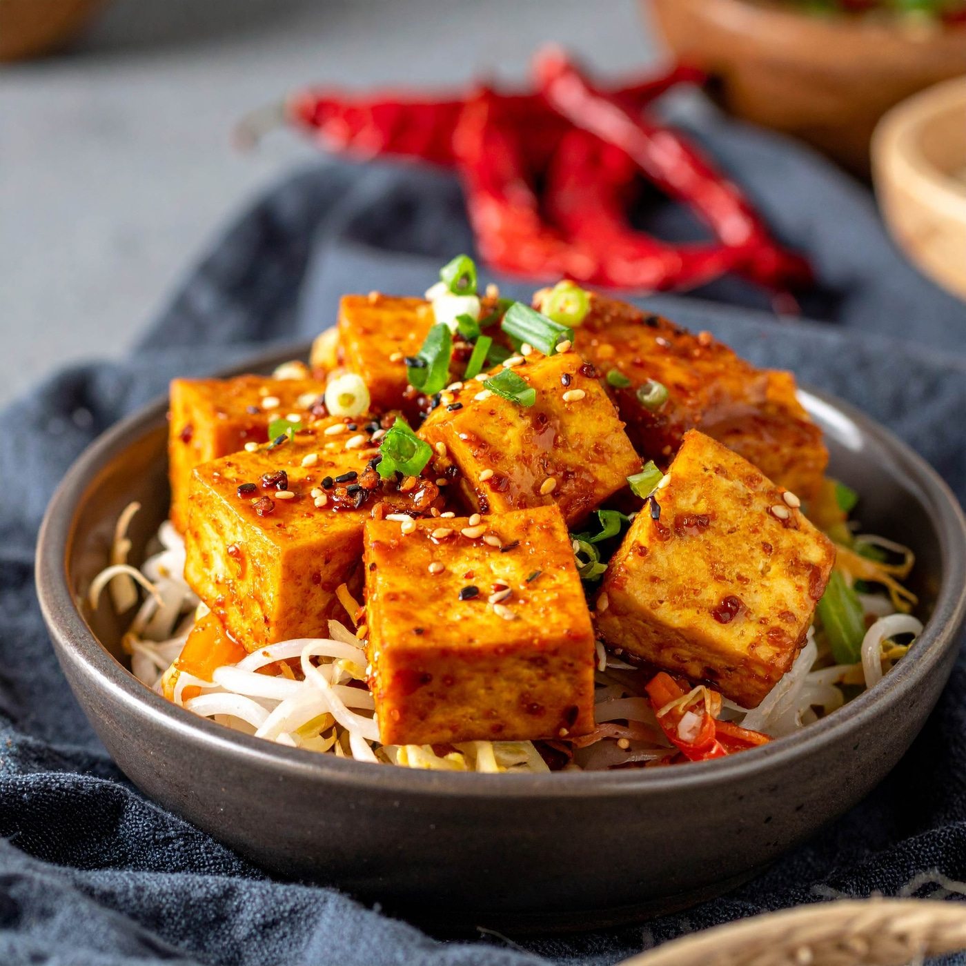 Gebratener Tofu mit Sprossen und Sesam in einer Schüssel, Nahaufnahme