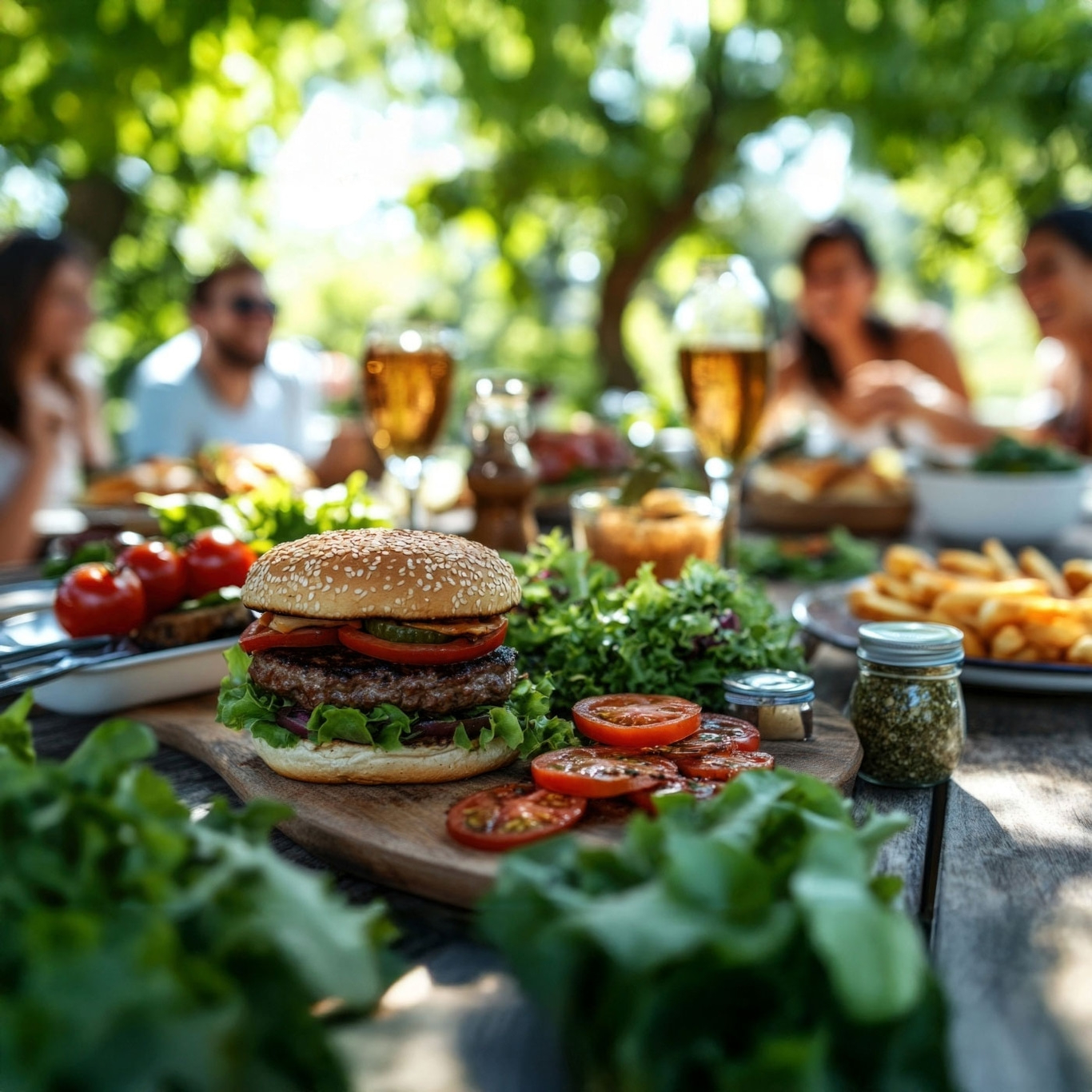Burger, Tomaten, Salat und Pommes auf einem Holztisch mit Freunden im Hintergrund