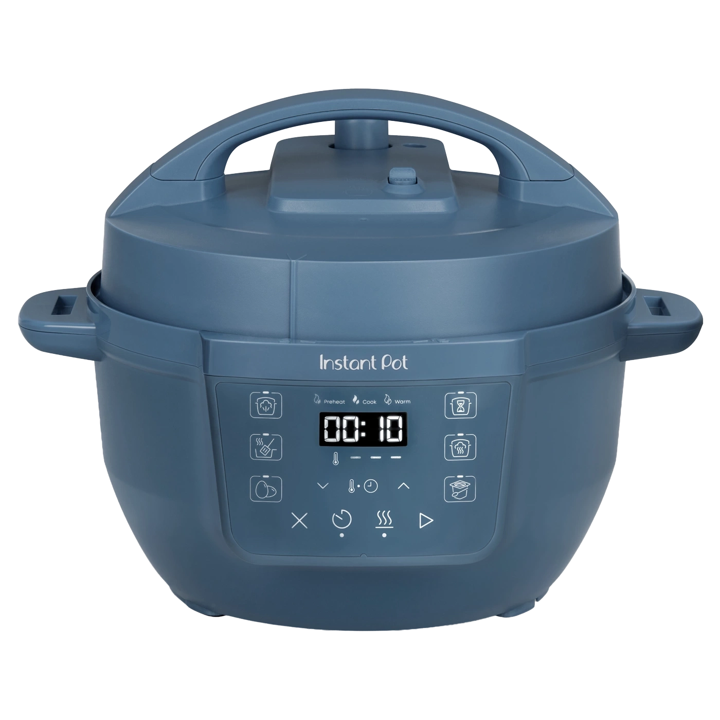 Ein blauer Instant Pot mit einem digitalen Display, das 00:10 anzeigt.