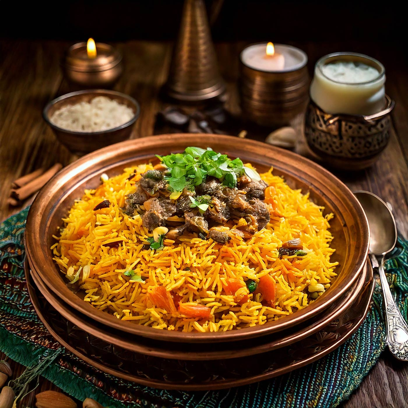 Ein Teller Reis mit Fleisch, Gemüse und Kräutern, serviert auf einem Holztisch.