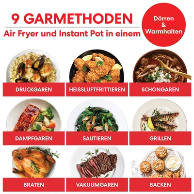 9 Garmethoden: Druckgaren, Heissluftfrittieren, Schongaren, Dampfgaren, Sautieren, Grillen, Braten, Vakuumgaren, Backen
