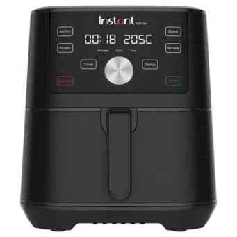 Schwarze Instant Vortex Heißluftfritteuse mit Bedienfeld und digitaler Anzeige.