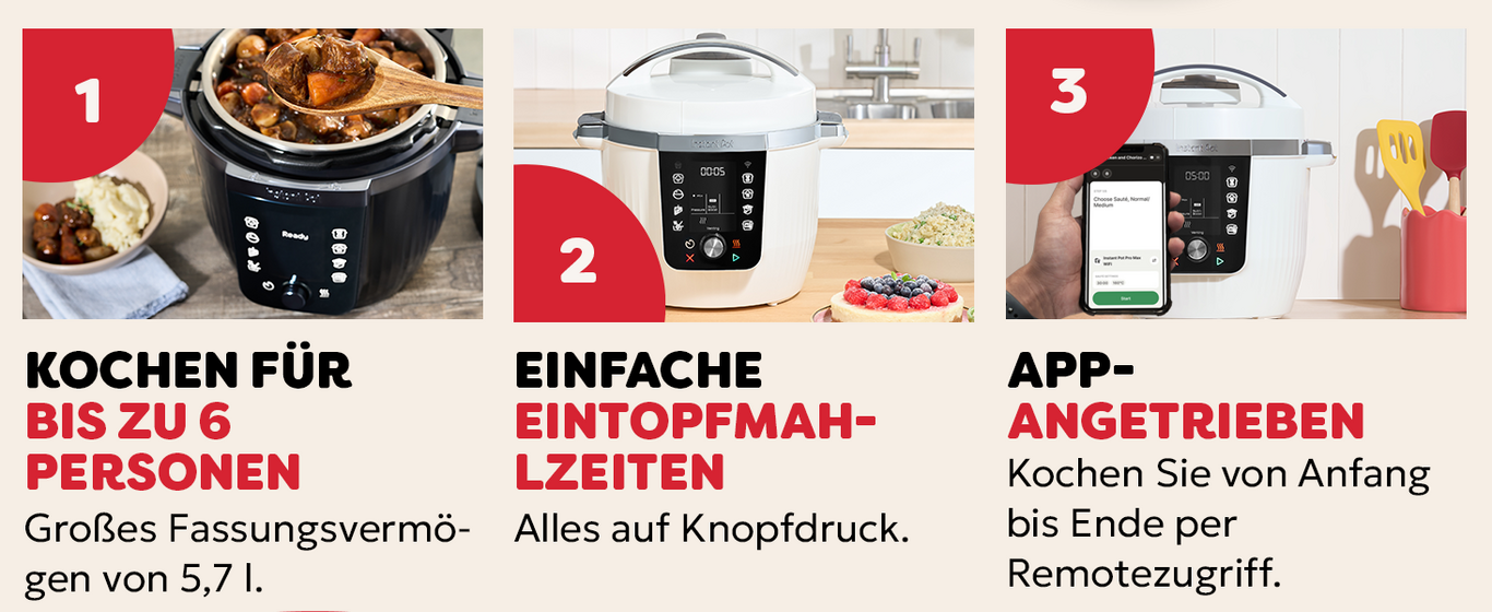 Ein Schnellkochtopf mit drei Kochmodi: für 6 Personen, einfache Eintopfgerichte und per App steuerbar.