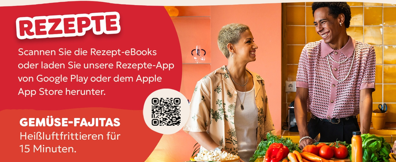 Werbung für Rezepte: Gemüse-Fajitas, App-Download, QR-Code, Kochen, Menschen