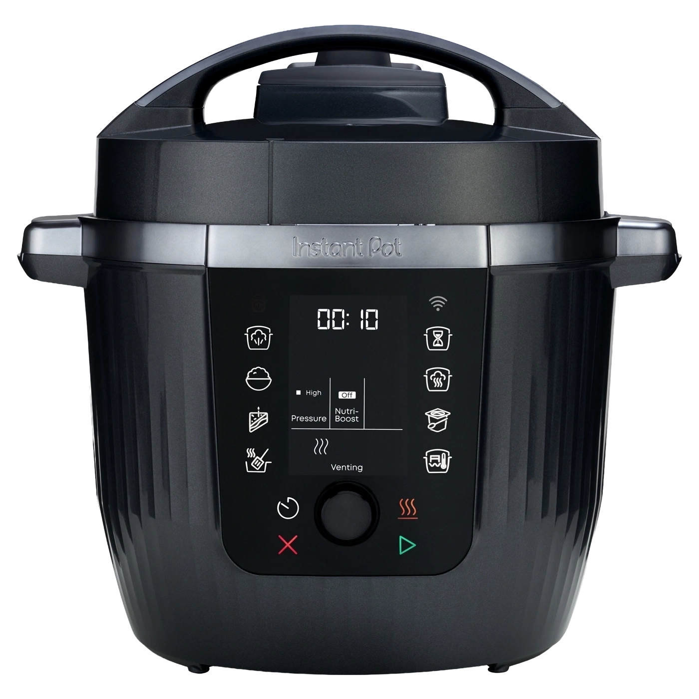 Ein schwarzer Instant Pot mit digitalem Display und Kochsymbolen.