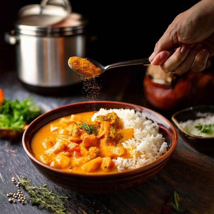 Ein Teller Curry mit Reis, Gewürzen und einer Hand, die Gewürze hinzufügt.
