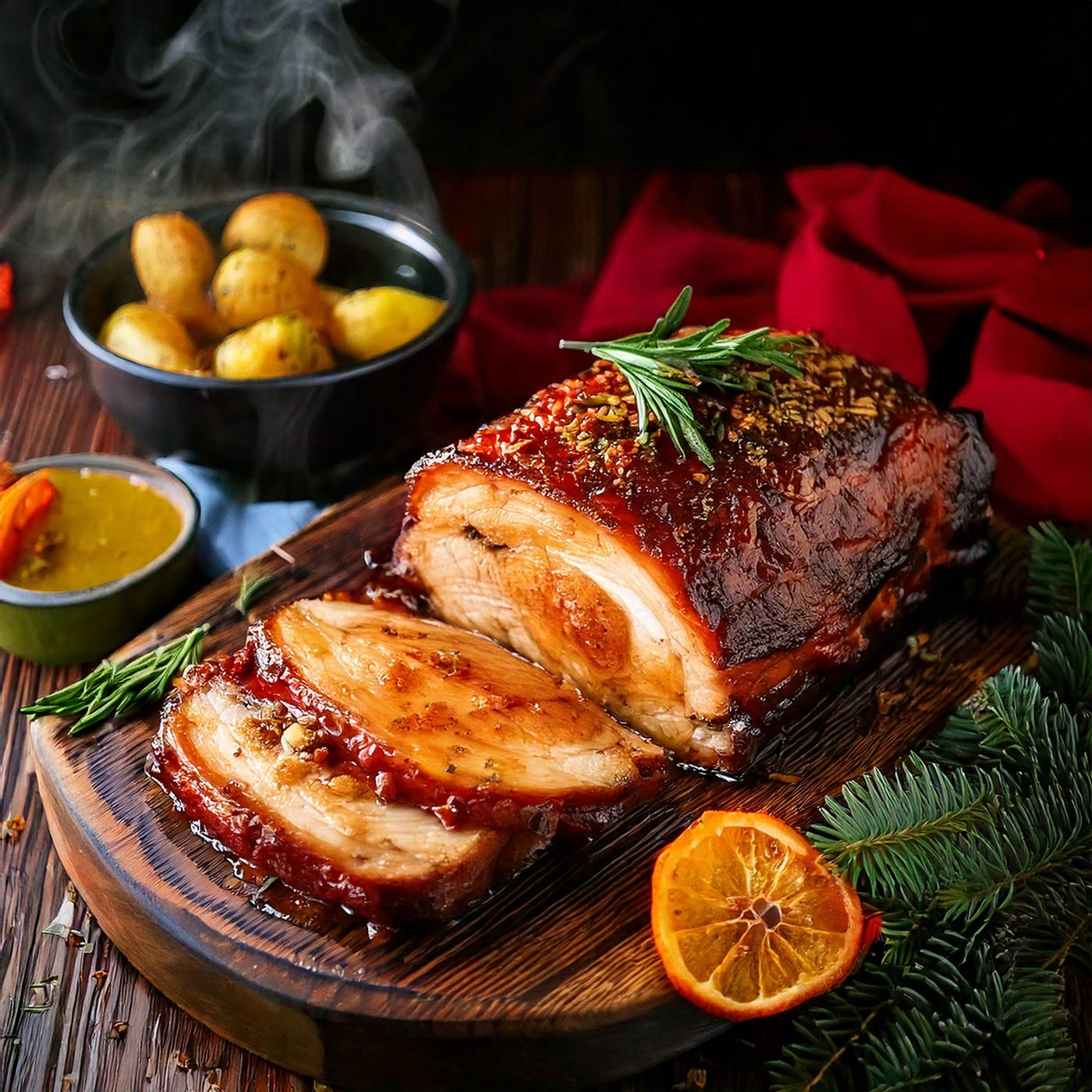 Gebratenes Fleisch mit Beilagen auf einem Holzbrett, festlich angerichtet.