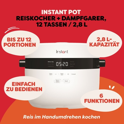 Instant Pot Reiskocher mit 12 Portionen, 2,8 L Kapazität und 6 Funktionen, einfach zu bedienen.