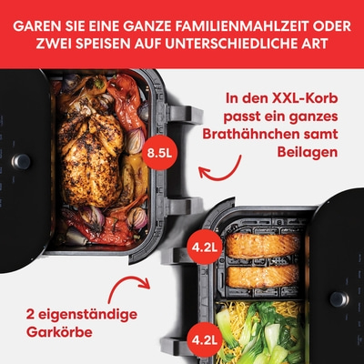 Doppel-Airfryer mit zwei separaten Körben für unterschiedliche Gerichte.