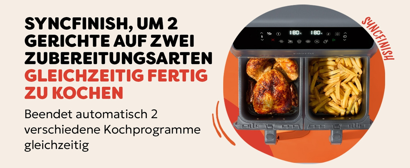 Airfryer mit zwei Fächern, SYNCFINISH, zwei Gerichte gleichzeitig fertig kochen