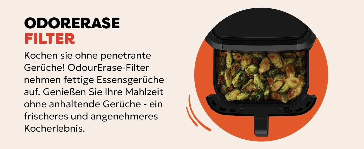 Ein Airfryer mit OdorErase-Filter, der Essensgerüche aufnimmt.
