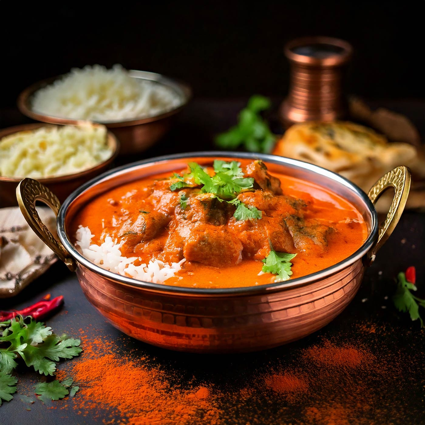 Indisches Gericht Butter Chicken mit Reis und Brot, köstlich angerichtet
